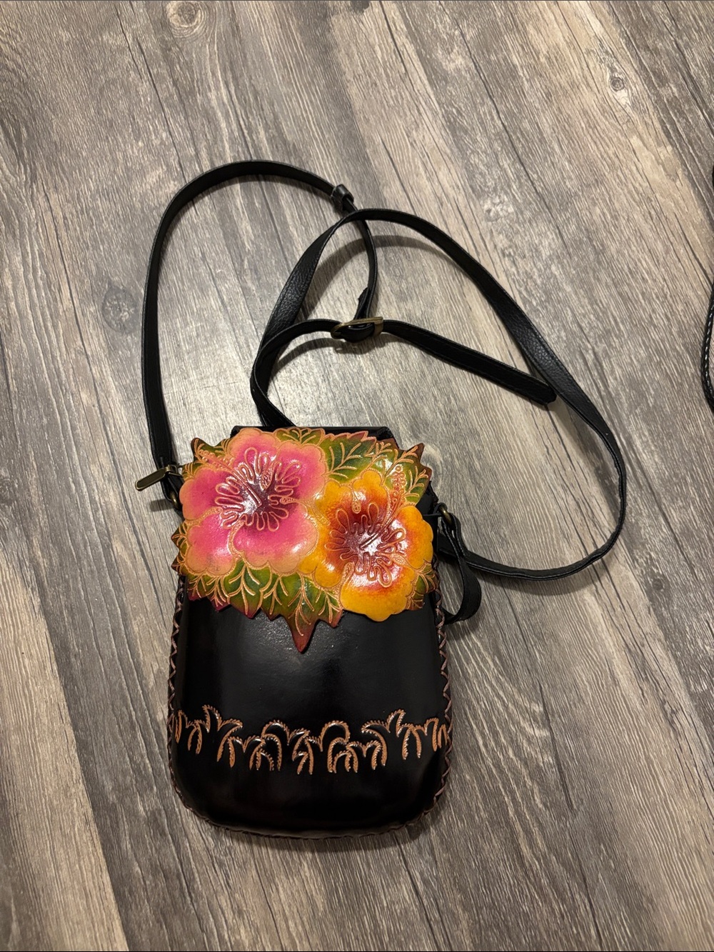 Black Leather Crossbody Bag with Pink & Orange Floral Applique